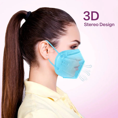Side profile of woman wearing Disposable KN95 Face Mask Multicolor 5 Ply Breathable Respirator Protection Masks For Men And Women 25 Pack Blocks Over 95 Percent Of Particles For Daily Use And Comfort