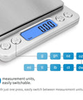 Pro Grade Digital Gram Scale 500g 0.01g Precision Kitchen Scale with Backlit LCD Display showing unit conversions options