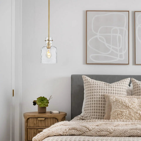 Industrial Pendant Light Trio For Kitchen Island 3 Light Glass Pendant Fixture With Seeded Shade Adjustable Cord hanging in bedroom