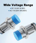 Inductive Proximity Sensor M30 NPN NO Unshielded 15mm Detection 12 To 24V DC Supply With LED Indicator; wide voltage range shown.