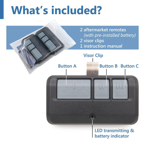 Two Pack Garage Door Opener Remote Compatible With Chamberlain LiftMaster Craftsman 893LM 893MAX, buttons and visor clip shown