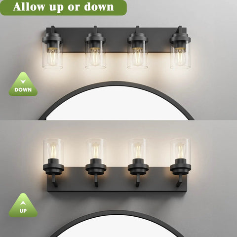 Dope Matte Black Vanity Light With Clear Glass Shades 30 Inch Farmhouse Bathroom Fixture for Over Mirror, mounted up and down
