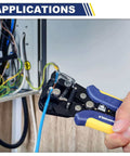 Close-up of Self Adjusting Wire Stripper And Cutter With Crimping, 3 In 1 Heavy Duty Automatic Electrical Wire Strippers for 10 to 24 AWG, in use