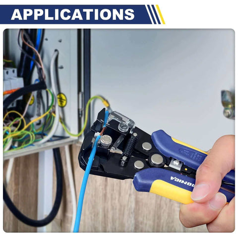 Close-up of Self Adjusting Wire Stripper And Cutter With Crimping, 3 In 1 Heavy Duty Automatic Electrical Wire Strippers for 10 to 24 AWG, in use