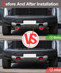 Before and after installation of Ford F150 Tow Hook Cover 2 Piece Red Set For 2004-2026 Models And Bronco 2021-2026