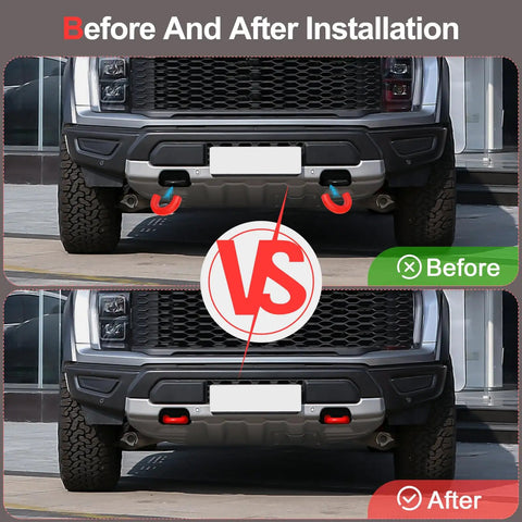 Before and after installation of Ford F150 Tow Hook Cover 2 Piece Red Set For 2004-2026 Models And Bronco 2021-2026