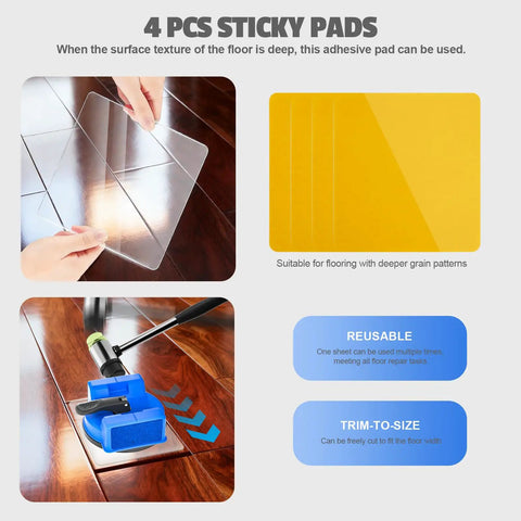 Image of the Dual-Side Floor Gap Fixer Tool Set with vacuum suction and grip pads, including a rubber mallet and sticky pads for gap repair.