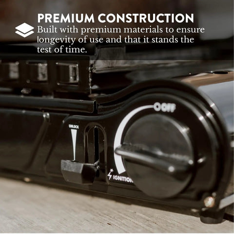 Close-up of 15,000 BTU Dual Fuel Portable Camping Stove For Propane Or Butane ignition control with premium construction text.