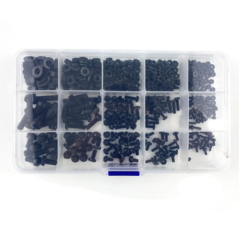 Top Shelf Heavy Duty Black Nylon Phillips Pan Head Screw And Hex Nut Assortment With 510 Metric Pieces M2 M2.5 M3 M4 M5 in organizer box.