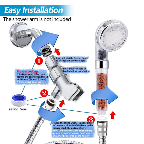 High Pressure Shower Head With Handheld Sprayer And Hose Holder, Filtration Bead Stone System installation guide with PTFE tape