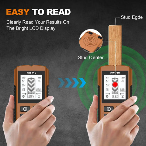 Lightweight 5 in 1 Wall Scanners Studs Finders with Auto Calibration, displaying the LCD screen and detection functions.