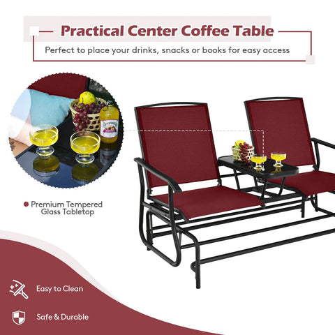 Two Person Swing Glider Chair With Center Tempered Glass Table in Burgundy with fruit and drinks displayed on the table.