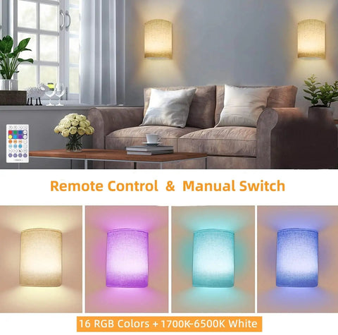 Rechargeable Battery Operated Wall Sconces Two Pack With Remote Control Mood Lighting for living room use, linen shade