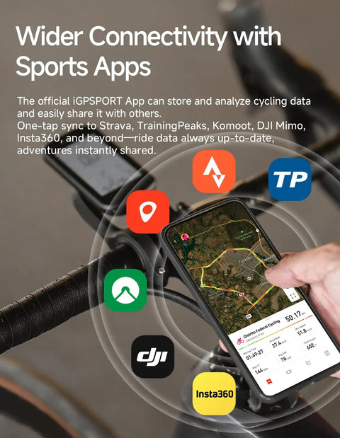 Person using BSC100MAX GPS Bike Computer With 3 Inch Display for cycling app connectivity on a bike handlebar.