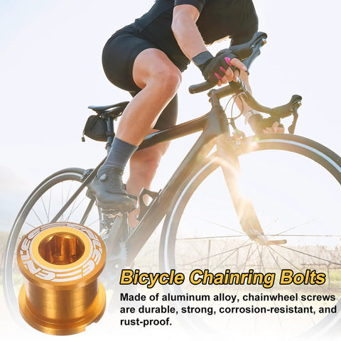 Cyclist on road bike displaying 10 Piece M8 Aluminum Alloy Double Chain Ring Bolts Set in gold, for crankset nut screws, road and mountain bikes.