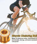 Five Pack M8 Aluminum Alloy Chainring Bolts for Road and Mountain Bikes, durable and rust-proof, shown with cyclist background.