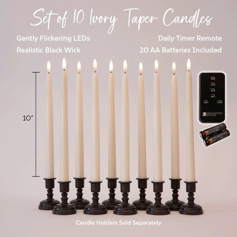 Set Of 10 Flameless LED Taper Candles With Daily Timer, Remote Control, Ivory Finish, Realistic Black Wick, Includes 20 AA Batteries, No Wax Mess, Safe Home Decor For Ambience And Parties, Candle Holders Not Included