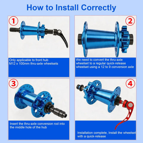 Installation steps for Thru Axle Conversion Kit For 15mm To 12mm And 12mm To 9mm Front Hub Adapter 100mm Spacing.