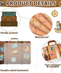 Product details showing elements of travel theme bulletin board set with vintage globe cutouts and world map decor.