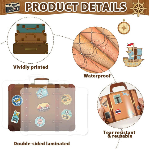 Product details showing elements of travel theme bulletin board set with vintage globe cutouts and world map decor.
