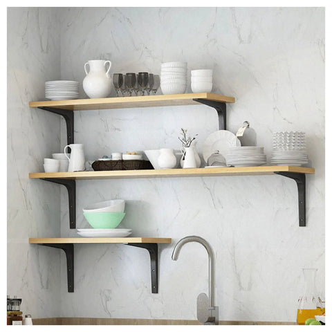 Heavy Duty L Shaped Corner Wall Mount Shelf Brackets With Thickened Steel Build For Floating Industrial Storage That Handle Load Like No Sweat And Bring Major Clean Vibes To Your Space In Black supporting wooden shelves with kitchenware.