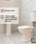 Heavy Duty Freestanding Toilet Brush And Plunger Combo, Matte Stainless Steel Floor Stand displayed in clean bathroom setting.