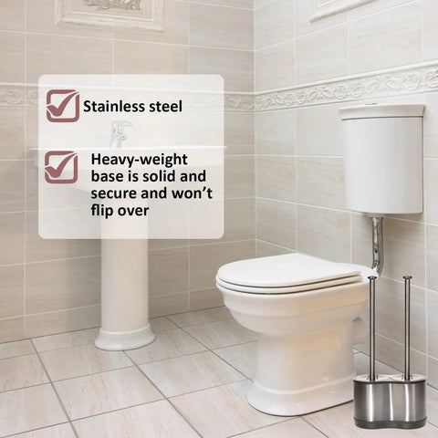 Heavy Duty Freestanding Toilet Brush And Plunger Combo, Matte Stainless Steel Floor Stand displayed in clean bathroom setting.