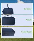 Golf Accessory Bag Organizer With Carabiner Clip, Handy Valuables Pouch showing carabiner, handle, and double zipper against a golf course backdrop.