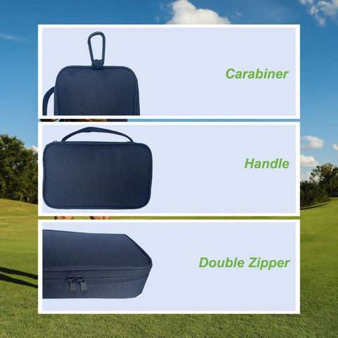 Golf Accessory Bag Organizer With Carabiner Clip, Handy Valuables Pouch showing carabiner, handle, and double zipper against a golf course backdrop.