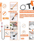 Badass 33 Foot Drain Snake Auger For Stubborn Hair And Grease Blockages Heavy Duty Coiled Cable Plumbing Tool with accessories and sizes.