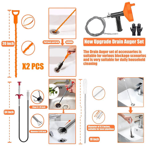 Badass 33 Foot Drain Snake Auger For Stubborn Hair And Grease Blockages Heavy Duty Coiled Cable Plumbing Tool with accessories and sizes.