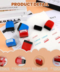 Nifty Six Piece Self Ink Rubber Stamp Set With Vivid Red And Navy Blue Office Stamps displayed on documents.