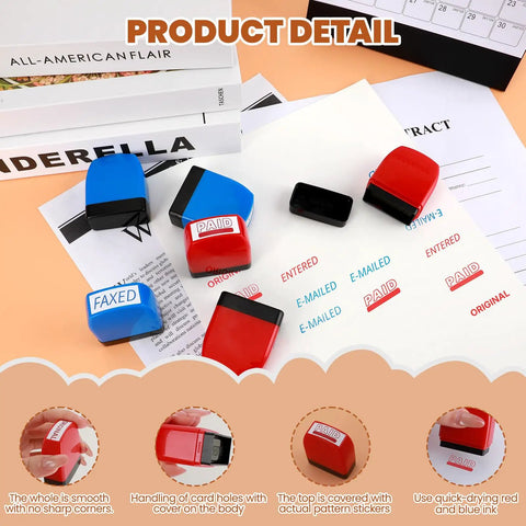 Nifty Six Piece Self Ink Rubber Stamp Set With Vivid Red And Navy Blue Office Stamps displayed on documents.