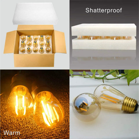 S14 Outdoor String Light Bulbs Replacement 15 Pack, Retro Warm Amber Glow 2200K LED Edison Bulbs in packaging and lit display.