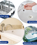 Heavy Duty Six Piece Rubber Drain Stopper Set For Bathroom Sink And Bathtub With Clearly Labeled Sizes And No Sweat Quick Swap White Zero Leak Bath Accessory shown in kitchen sink, washbasin, bathtub, and laundry sink.