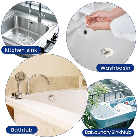 Heavy Duty Six Piece Rubber Drain Stopper Set For Bathroom Sink And Bathtub With Clearly Labeled Sizes And No Sweat Quick Swap White Zero Leak Bath Accessory shown in kitchen sink, washbasin, bathtub, and laundry sink.
