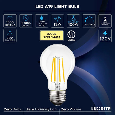 Image displaying Vintage Edison Style A19 LED Bulbs 100W Equivalent 1600 Lumens 3000K Soft White Dimmable Damp Rated UL Listed Clear Glass Filament E26 Base 12W 2 Pack For Your Home Vibe details, including lumens, wattage, and beam angle information.