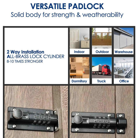 Tough As Nails Four Digit Combination Sliding Bolt Lock For Outdoor Gate Shed And Garage, visible on a wooden door.