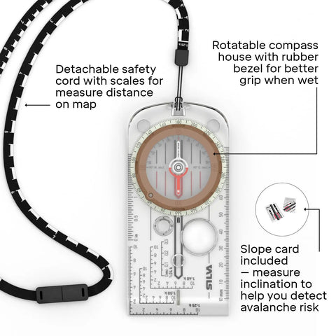 Global Navigation Compass With 360 Global Needle For All Magnetic Zones, Night Glow Markings And Graduation Ring For Up To Four Hours Of Night Use, Slope Card For Measuring Slopes And Extra Distance, Detachable Distance Lanyard For 1 25 And 1 50, Clear with detachable lanyard and slope card.