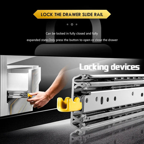 Heavy Duty Full Extension Drawer Slides Built Like A Tank With Secure Lock And Smooth Ball Bearings Handle 485 Pounds showing locking mechanism.