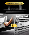 Locking mechanism for heavy duty seventy six millimeter drawer slides with locks, shown in use on a track.