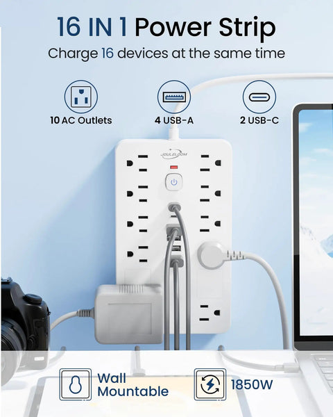 Surge Protector Power Strip With 10 Outlets And 6 USB Ports Including 2 USB-C, 6 Ft Heavy Duty Extension Cord, Wall Mount, 1850W 15A Overload Protection, ETL Listed For Home Or Dorm Room, wall mount