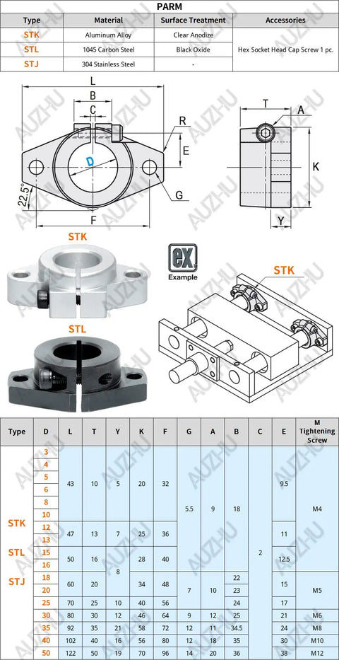 STK 40 mm Aluminum Alloy Bracket Guide Shaft Supports With Flanged Slit Strut Clamps and Tube Clamp Connectors diagram