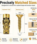 Hinge Repair Kit With Expansion Anchors And 6x14mm Dowels For Stripped Cabinet Holes Easy Fix To Restore Loose Wood Furniture Doors Fastening Hardware Set 200 Pieces showing expansion tube and screw sizes