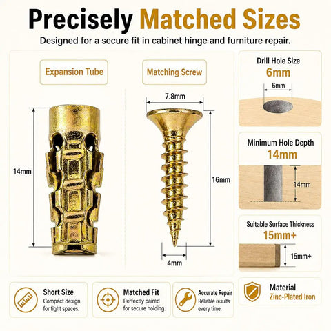 Hinge Repair Kit With Expansion Anchors And 6x14mm Dowels For Stripped Cabinet Holes Easy Fix To Restore Loose Wood Furniture Doors Fastening Hardware Set 200 Pieces showing expansion tube and screw sizes