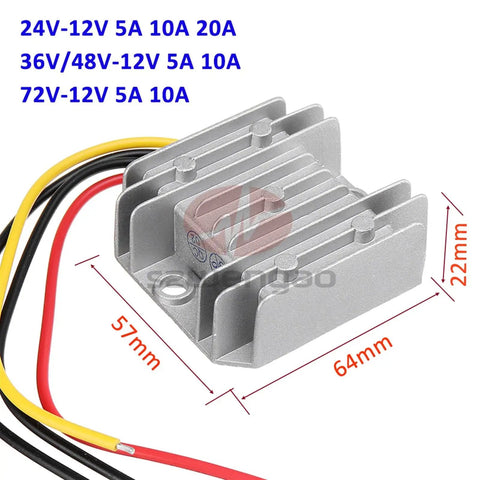 Heavy Duty Plug And Play Dc To Dc Step Down Converter 72V To 12V 5A 10A Voltage Regulator on a silver heatsink with wires.