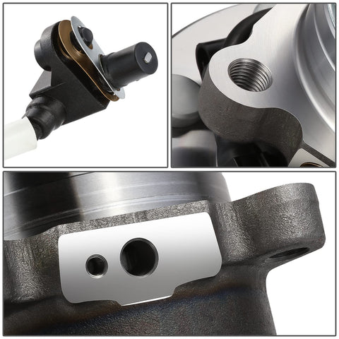 Close-up of Beefed-Up Front Wheel Bearing Hub Assembly with ABS Sensor Cable and Plug for Chevy Express 2500 3500 4500 RWD 2003-2017, showing details of bare steel material and 8-lug design.