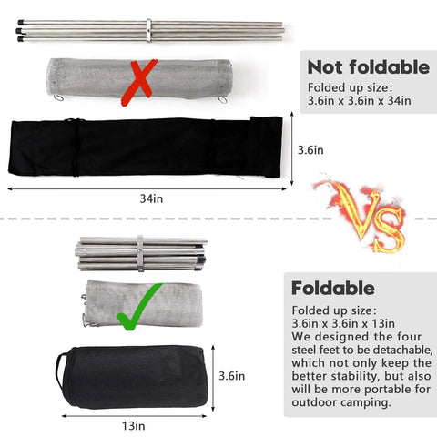 Comparison of foldable vs non-foldable carrying bags, highlighting Ultra Portable 22 Inch Outdoor Fire Pit compact size and design.