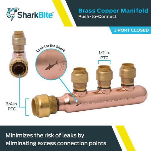 Three Quarter Inch To One Half Inch Outlet Three Port Closed Multi Port Tee Push To Connect Brass Plumbing Fittings For PEX Copper CPVC