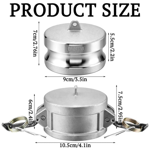 Three Inch Camlock Fitting Kit Aluminum Cam And Groove Set With Type DC Dust Cap And Type DP Dust Plug For Water And Fuel Transfer Industrial Hose Tough As Nails Build For Industrial Use And Leak Free Performance, size chart